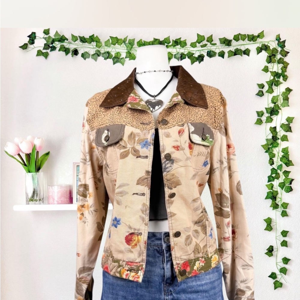 Anthropologie Floral Jean Jacket with Brown Accents